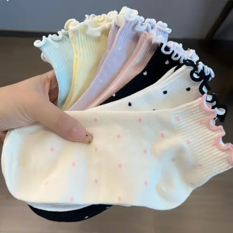 Women's Polka Dot Ankle Socks, Casual Comfortable Short Tube Socks, Jk Lolita Style, 5/7/10 Pairs, All Seasons, Random or Fixed Quantity, Casual Comfy Socks