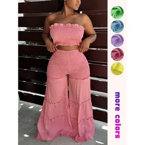 Women’s frilled trim shirred flare-leg pants set, boho-style fitted crop tube top and high-waisted trousers for beach holidays, ladies’ summer clothes, bohemian womenswear, woven lightweight two-piece set