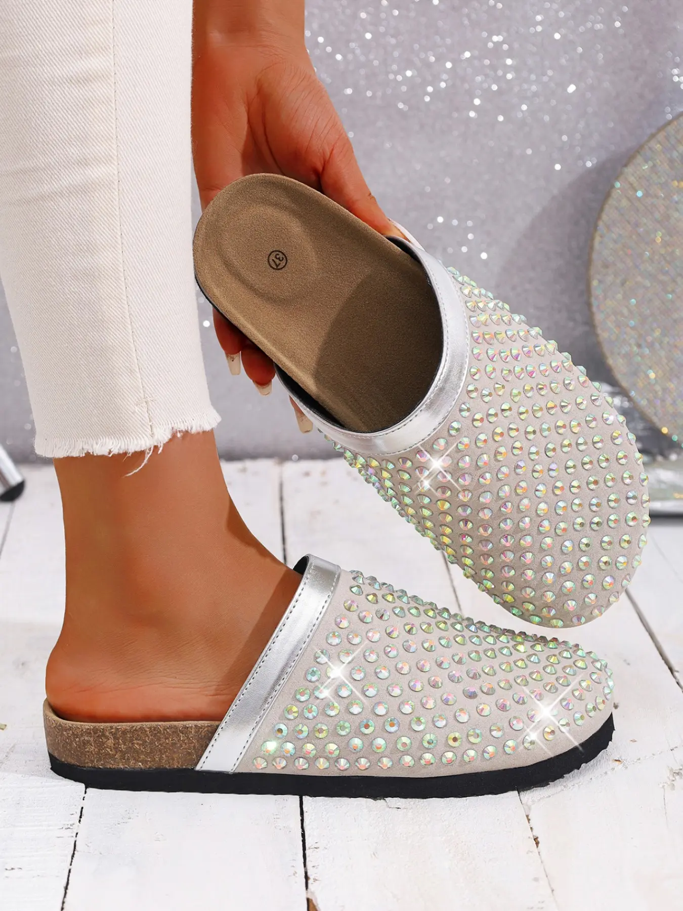 Women's Sequined Tie-Strap Slip-On Shoes, Anti-Slip Thick Rubber Sole, Fashionable Indoor Outdoor Casual Footwear, Comfortable One-Push Design, Thick Soled PU Leather Mules