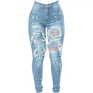 Women's High Waist Plus Size Destroyed Jeans Slim Skinny Ripped Trousers Stretch Denim Pants