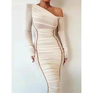 Women's Striped Ruched Asymmetrical Neck Bodycon Dress, Elegant Long Sleeve Long Dress for Party Club Dating Wear, Women's Clothing for Spring & Fall