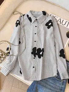 Plus Size Women's Fashion Floral Stripe Fitted Long Sleeve Single Button Woven Shirt, Casual Elegant Ladies Top for Spring & Fall Seasons