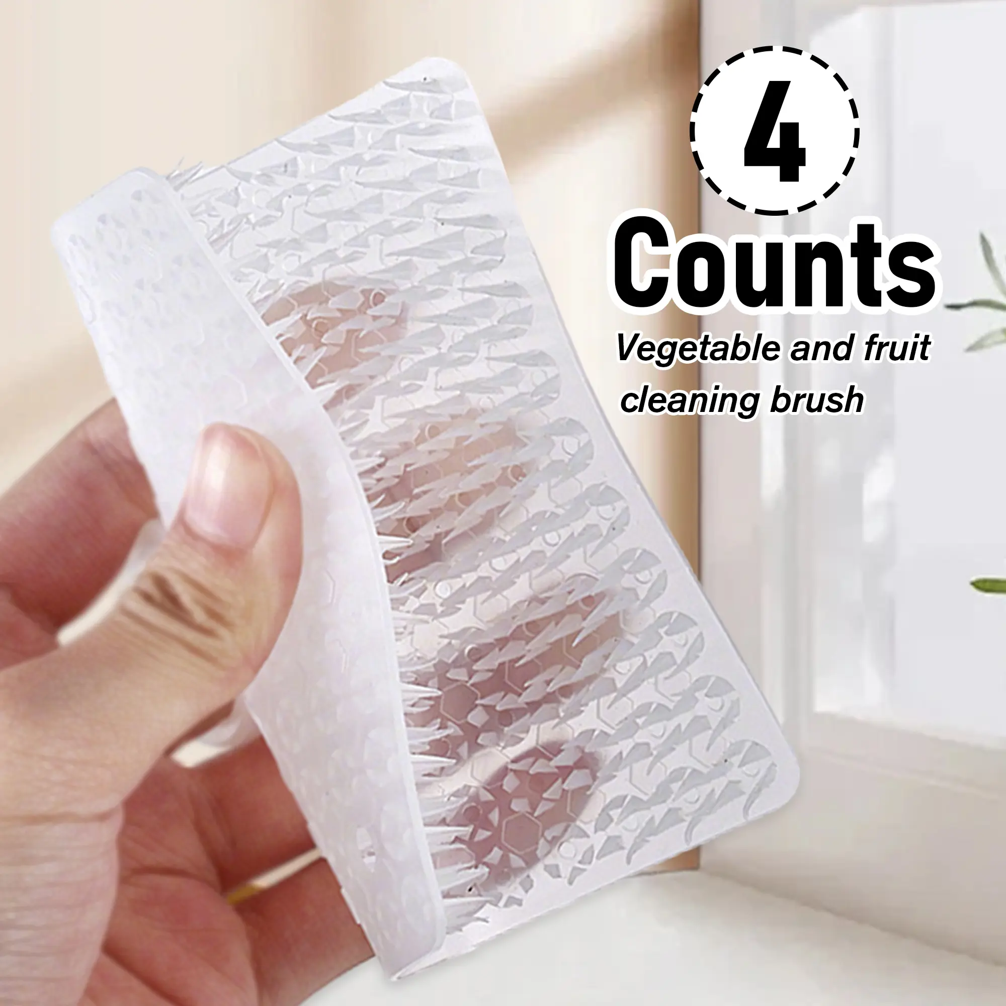 4-Count Durable Silicone Vegetable Scrubber Brushes - Kitchen Cleaning Tool with Thick Dense Soft Bristles, Ergonomic Finger Ring, Lightweight Comfortable Multifunctional Wipe for Gentle Produce Clean (Mixed Designs, Scrubber Pad/Pad Combo)