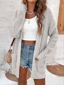 Solid Color Open Front Cardigan with Dual Pockets, Casual Long Sleeve Design for Spring and Fall, Women's Fitted Knitwear