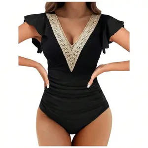 Women's One-Piece Swimsuit, Tummy Control Swimwear, Deep V Lace Neckline, Ruffle Trim, Full Coverage Bathing Suit