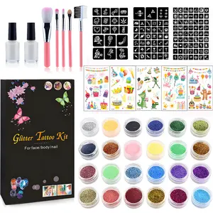 Temporary Glitter Tattoo Kit, 24 Glitter Colors Glitter Tattoo Kit,With Unique Stencils,Glue,Brushes,Stickers, Glitter Tattoos,Adults,Boys Girls Birthday Party,Christmas gift