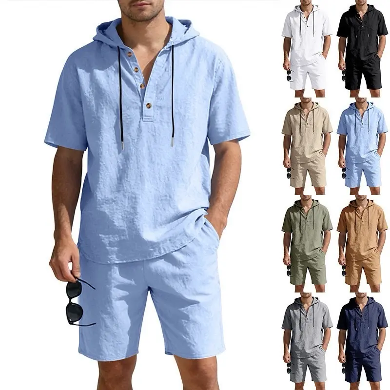 Men's Linen 2-Piece Casual Clothes Set - Hooded Short Sleeve Shirt, Loose-Fit Breathable Shorts, Stylish Summer Menswear Outfit