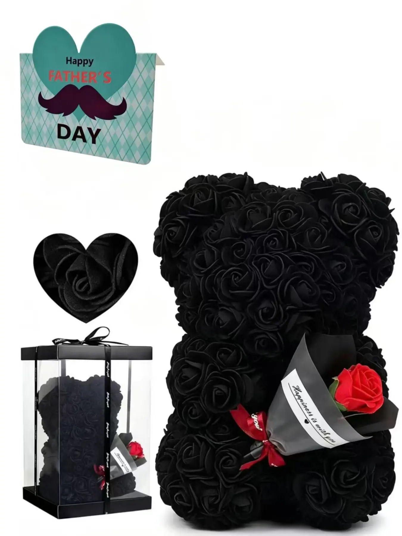 Father's Day Handmade Classic Rose Bouquet Bear Gift, Optional Celtic Knot Diamond Necklace, PVC Box, Perfect Dad Present, Dad Gifts