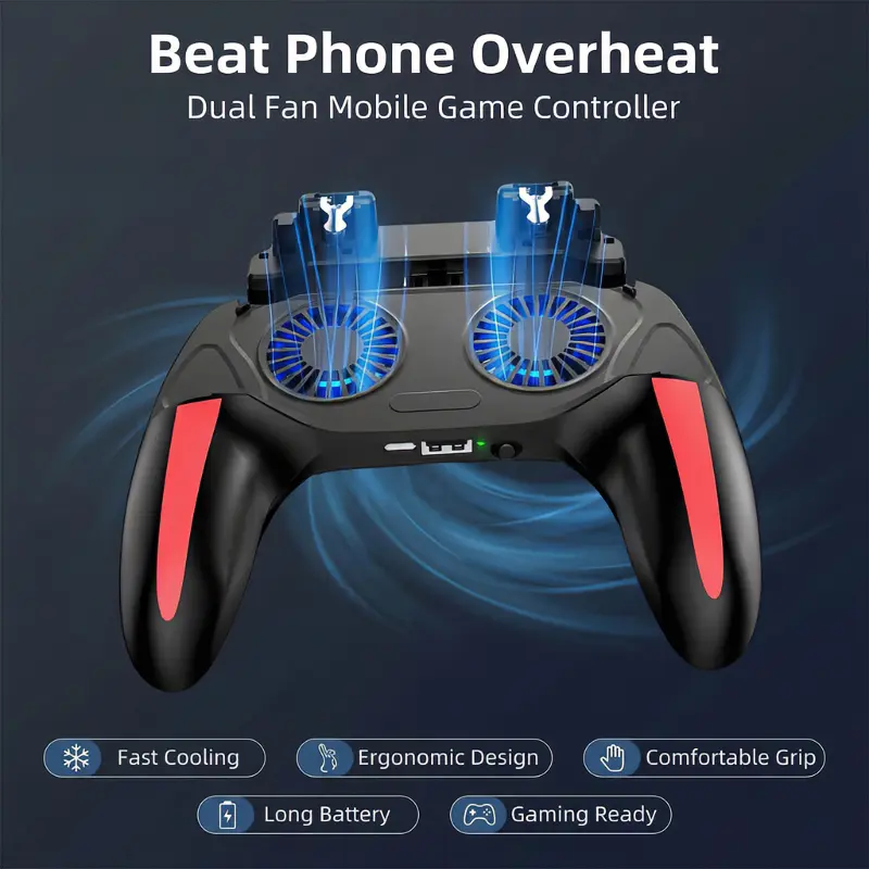 Mobile Gamepad Controller with 2 Dual Fans, Rechargeable Adjustable Rubber Grip, Anti-Overheat Function, Long Battery Life, Compact Accessories for Android iOS Phones