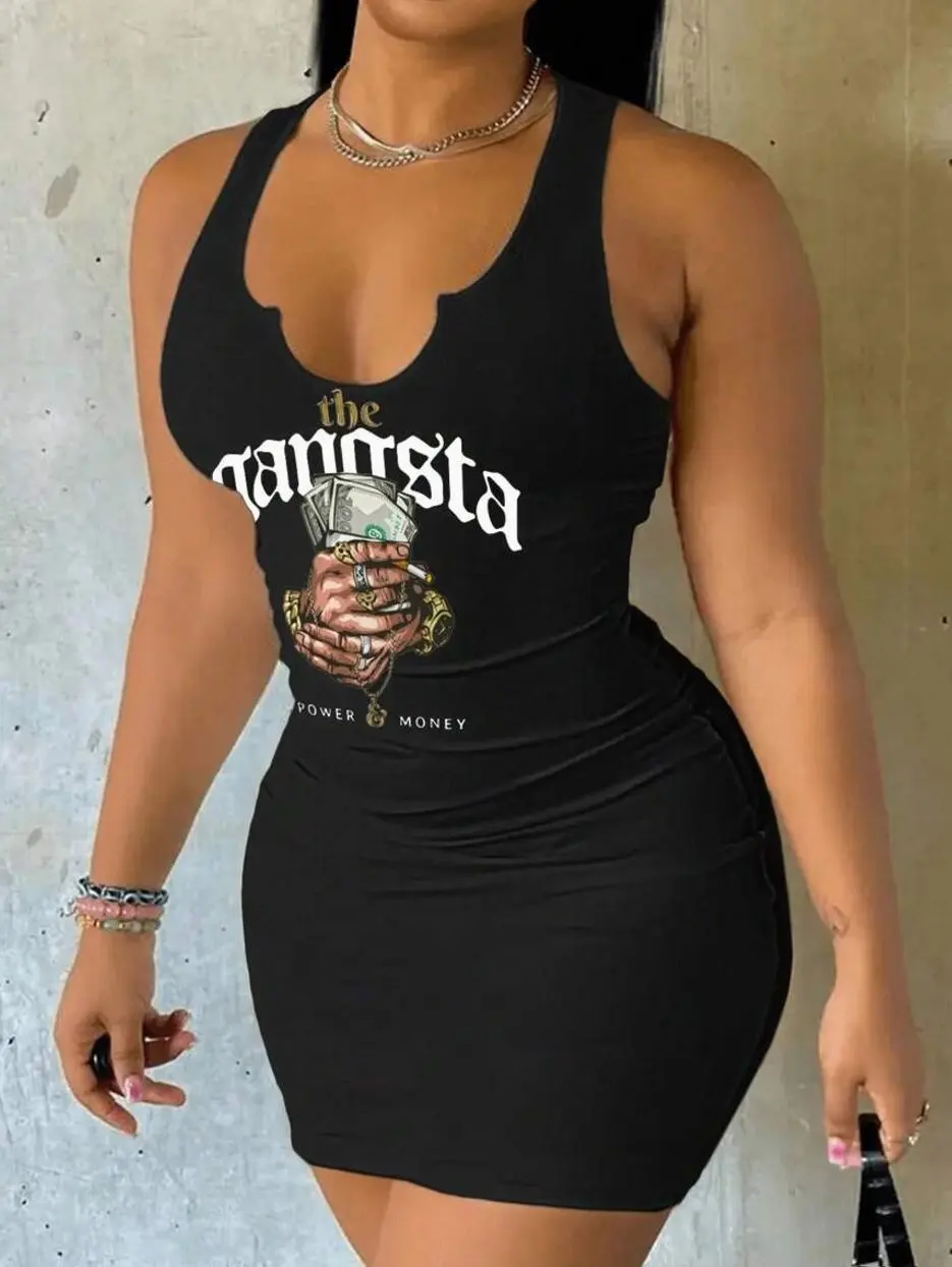 Money Print Bodycon Dress - Sleeveless Casual Chic Summer Outing