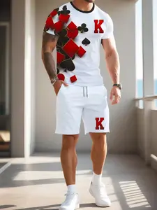 Men's Summer Casual Sportswear Set, 3D Geometric Print, Comfortable Polyester Knit Tee, Drawstring Short Pants, Round Neck, Fitted