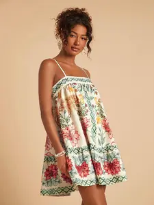 Floral Print Spaghetti Strap Summer Dress For Women,Cream Boho Flowy Holiday Picnic Style,Bohemian Casual Beach Vacation Outfits,Tropical Sun Dress