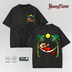 Summer Vacation Red Panda Hammock Acid Wash Graphic Tee Tropical Streetwear Y2K Clothing Casual Top Fathers Day Gift Ideas