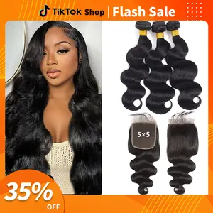 Natural black 10A Human Hair Bundles 3 Bundles With 5x5 Hd Lace Closure Body Wave Bundles Human Hair raw bundles 100% Unprocessed Brazilian Virgin Body Wave Human Hair Weave Bundles with Closure Natural Color Quick Weave