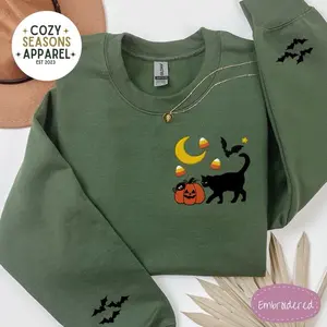 Embroidered Halloween Black Cat with Jack o Lantern with Bat Sleeves, Halloween Sweatshirt, Fall Sweatshirt, Spooky Season, Cat Sweatshirt, Halloween Lover Gift, Fall Lover Gift, Whimsical Gift, Whimsy Gift, Cat Lover Gift