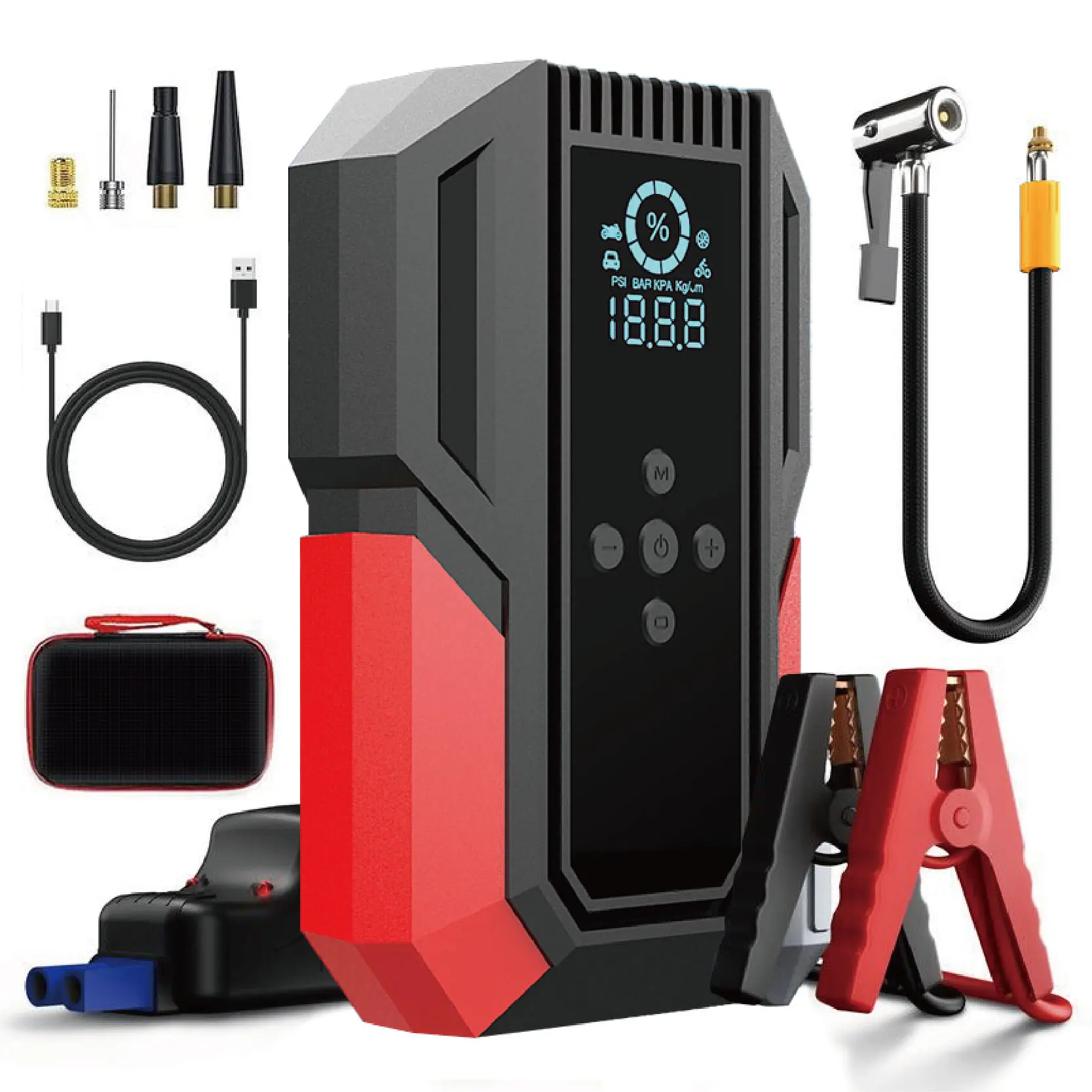 3000A Rechargeable Lithium Ion Portable Car Jump Starter with Air Compressor, 150 PSI 12V Emergency Prep Tool for 7.5L Gas/6.0L Diesel, Smart Jumper Cables, 3-Mode LED Flashlight, LCD Display, Power Bank for Roadside Emergencies
