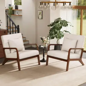 ABCASA Mid-Century Accent Chairs Set of 2 Upholstered Armchairs with Lumbar Pillows Solid Wood Frame Faux Leather Linen for Living Room Bedroom Office Lounge