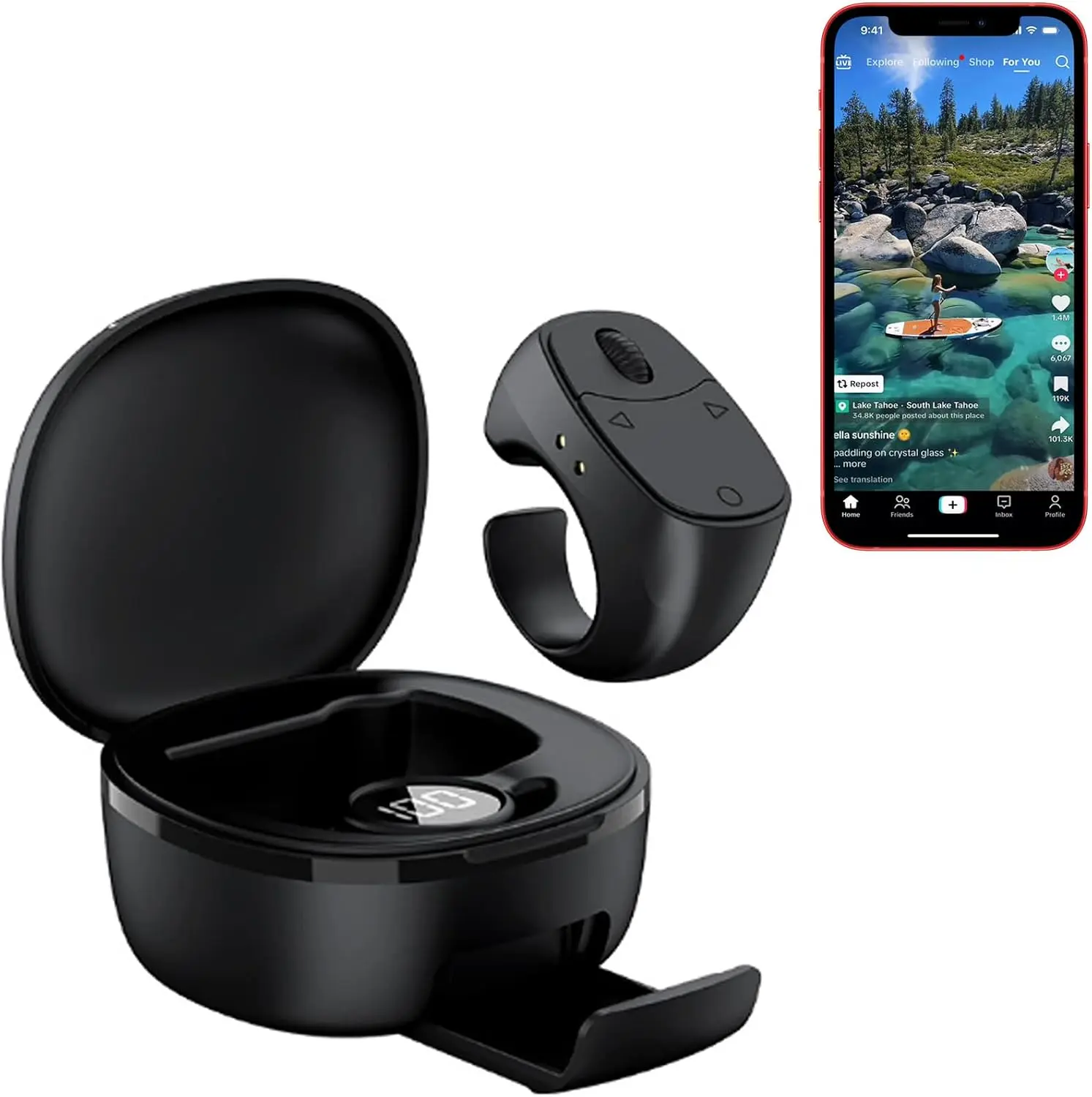 Wireless Bluetooth Ring Remote for TikTok | Scroll Wheel, Like, Pause/Play, Volume & Camera Shutter | 180mAh Charging Case + Phone Stand | USB-C | iPhone & Android page turner hands-free selfie techgadgets scroller