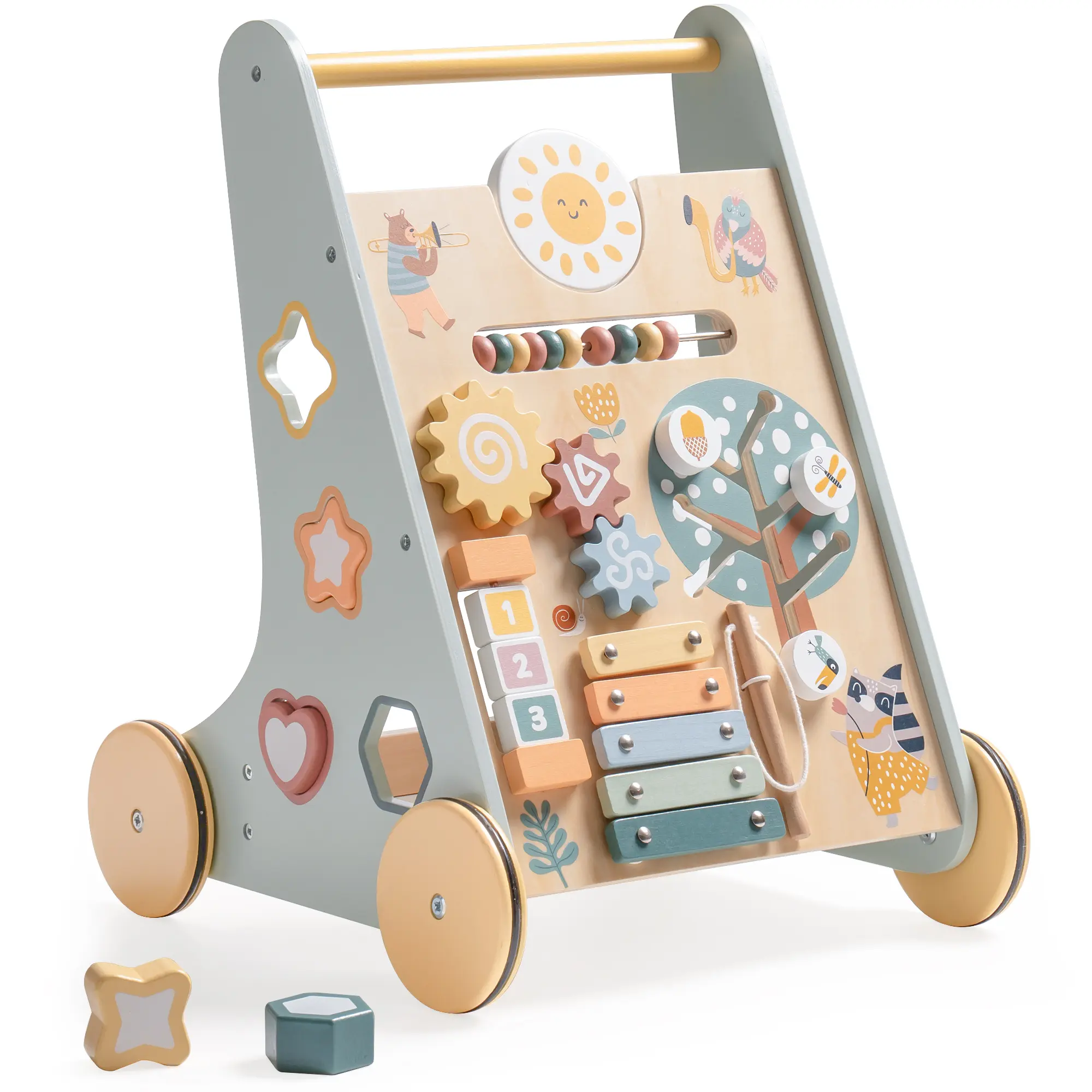 Wooden Baby Walker, Baby Push Walker with Activity Center for Girls Boys, Push Walker Toys for Babies Learning to Walk, Sit-to-Stand
