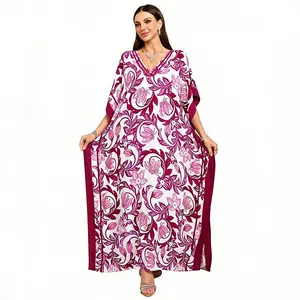 Women's Plus Size Casual Elegant Ethnic Style Bohemian Mumu Dress - Lightweight Soft Breathable Boho Batwing Sleeve Caftan, Loungewear with Side Slits, Long Beach Cover Up & Swimsuit Cover Up - Rose Pink Flower