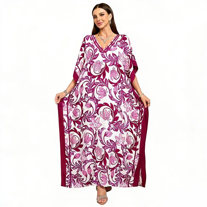Women's Plus Size Viscose Floral Pattern Batwing Sleeves V-Neck Kaftan Dress - Lightweight Soft Breathable Ethnic Bohemian Mumu, Lady's Casual Resort Wear with Side Slits, Long Poolside Cover Up - Rose Pink, Casual Wear, Evening