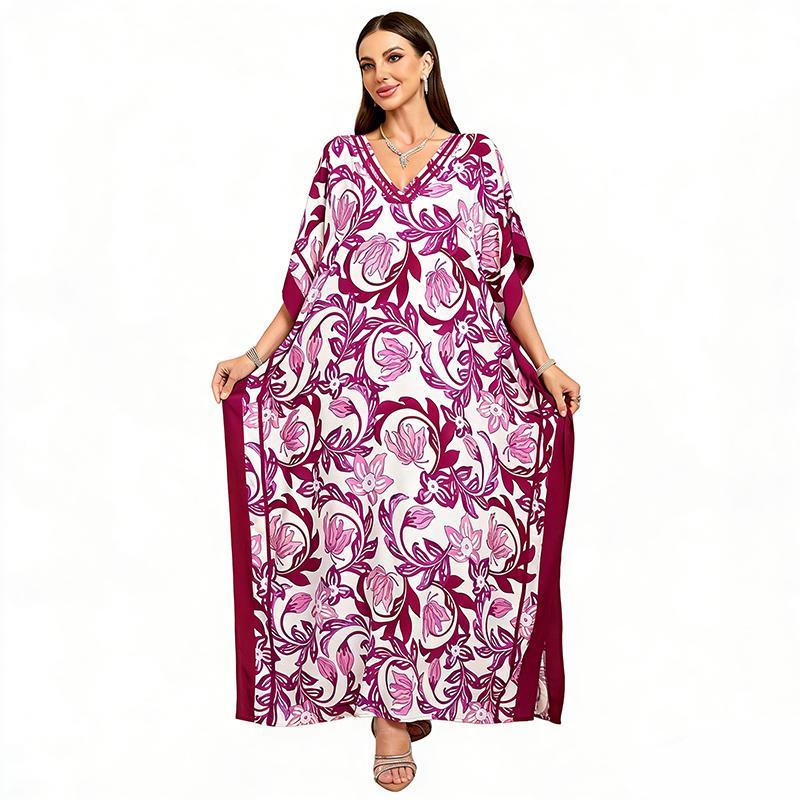 Women's Plus Size Viscose Bohemian Caftan Dress - Casual Loungewear, All Over Floral Print, Deep V-Neck, Batwing Sleeves, Side Slits, Lightweight Soft Breathable Fabric, Elegant Ethnic Style, Evening Resort Swimsuit Coverup, Hand Wash Only, Rose Pink
