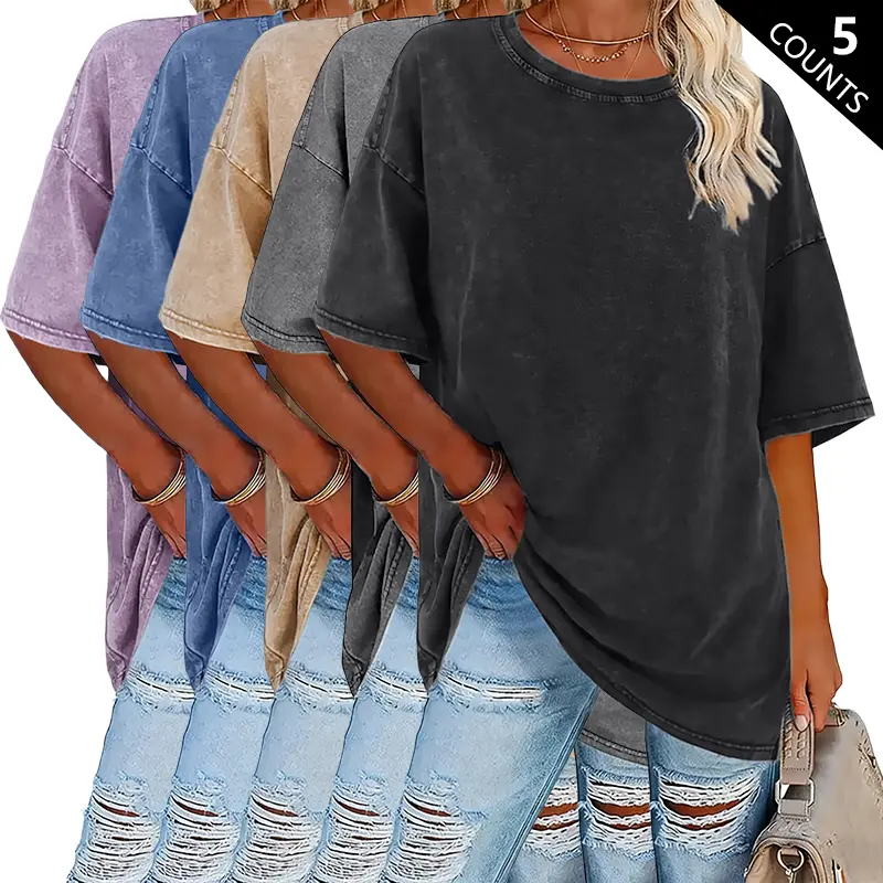 5-Pack Women’s Summer Fashion Washed Cotton Vintage High-Quality 230 g/m² Thick Pure Cotton T-Shirts, Streetwear Retro Style Crew Neck Short Sleeve 5-Pack Women’s Summer Fashion Washed Cotton Vintage High-Quality 230 g/m² Thick Pure Cotton T-Shirts, Streetwear Retro Style Crew Neck Short Sleeve