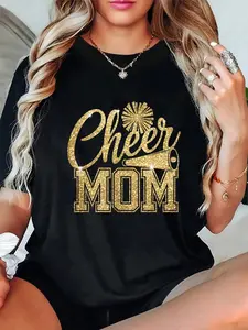 100% Cotton Cheer Mom Biggest Fan Cheerleader Black Yellow Gold Pom Pom T-Shirt