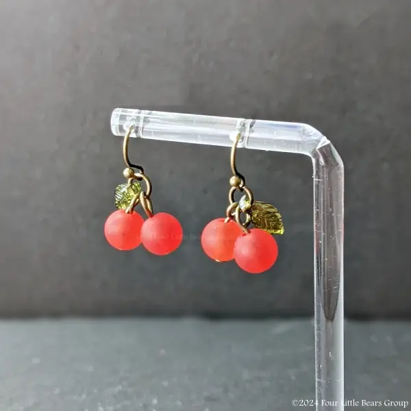 4LittleBearsGroup Frosty Beads Cherry Earrings with Gift Bag - Red and Pink Cherry Fruits and Antique Bronze Earring Hooks