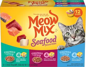 Meow Mix Savory Morsels Seafood Favorites Wet Cat Food Variety Pack, 2.75 oz Cans, 12-Pack