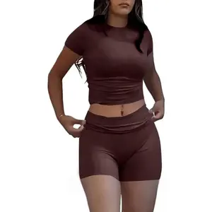 Sports & Outdoors ZFLM Casual Workout Two Piece Outfits for Women Short Sleeve Crop High Waist Foldover Shorts Tracksuit Sets Streetwear