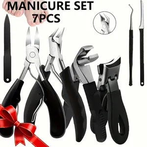 7-piece stainless steel heavy-duty Manicure nail tool set Nail Care, including nail clippers, pliers, files, Cuticle Pusher, Cuticle Exfoliator - classic black | long handle design, easy and safe to use - Christmas gift
