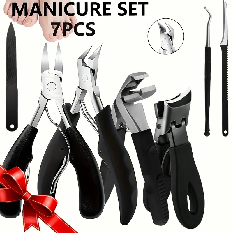 7-piece stainless steel Manicure nail tool set Nail Clipper Nail Care, Manicure Supplies, Manicure Kit including nail clippers, pliers, files, Cuticle Pusher, Cuticle Exfoliator - classic black, long handle design - Christmas gift