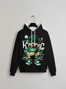 Men's Hooded Sweatshirt with Cartoon Bear Print, Casual Long Sleeve Pullover for Fall & Winter, Comfortable Fitted Design, Casual Pullover Hoodies