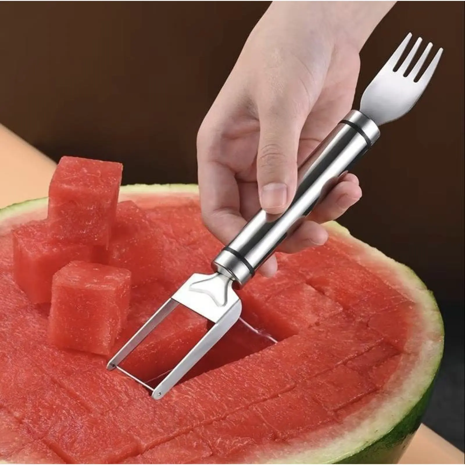Watermelon Fork Slicer Cutter Slicer Tool,2-in-1 Stainless Steel Fruit Cutter, Dual Head Fruit Forks Slicer Knife with Round Handle Fruit Cutting Kitchen Utensils
