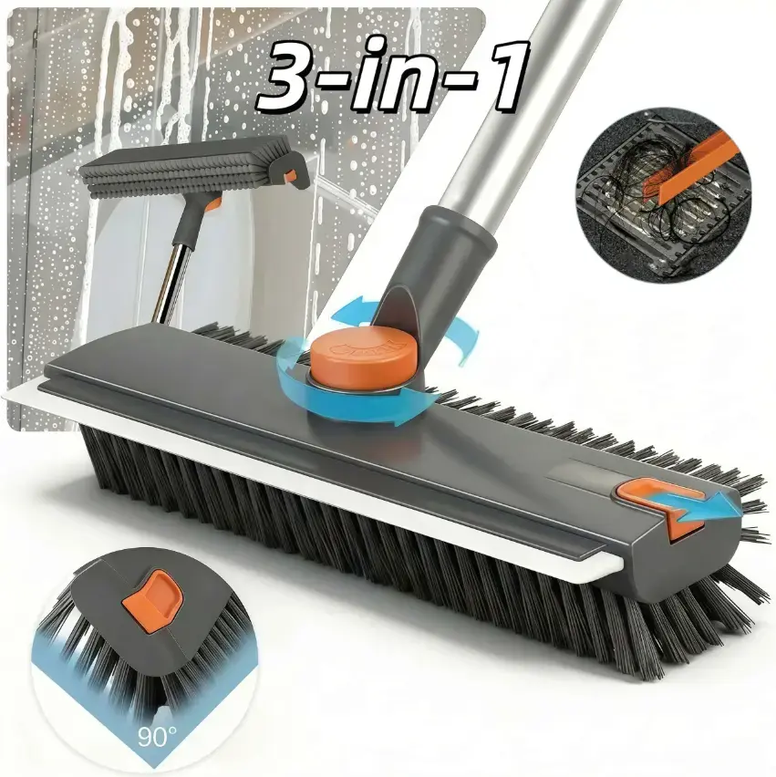 3 in 1 Long Handle Scrub Brush with Squeegee, Heavy-Duty Floor Shower Scrubber Brush with Stiff Bristles for Bathroom, Kitchen, Patio, Garage, Wall, Tile, Concrete & Wood Surfaces