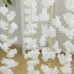 5 Pack White Artificial Cherry Blossom Flowers Garland, Silk Floral Hanging Vines - 6ft