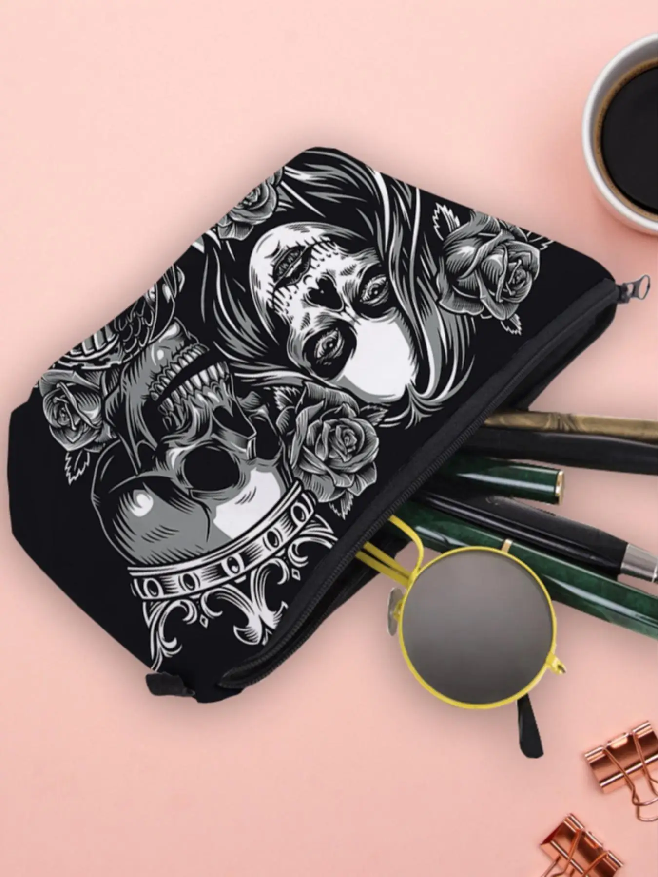 Fashionable Skull Pattern Makeup Bag, Durable Cosmetic Bag, Portable Cosmetic Storage Bag for Women & Girls, Casual Trendy Versatile High-quality Dail