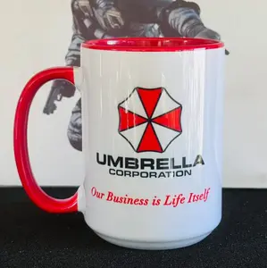 Resident Evil Umbrella Corporation Accent Mug | "Our Business is Life Itself" Slogan Coffee Cup | Red Two-Tone Ceramic Mug for Gamer Setup & Fans