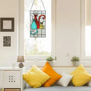Stained glass cat coy trio cat stained glass window panel
