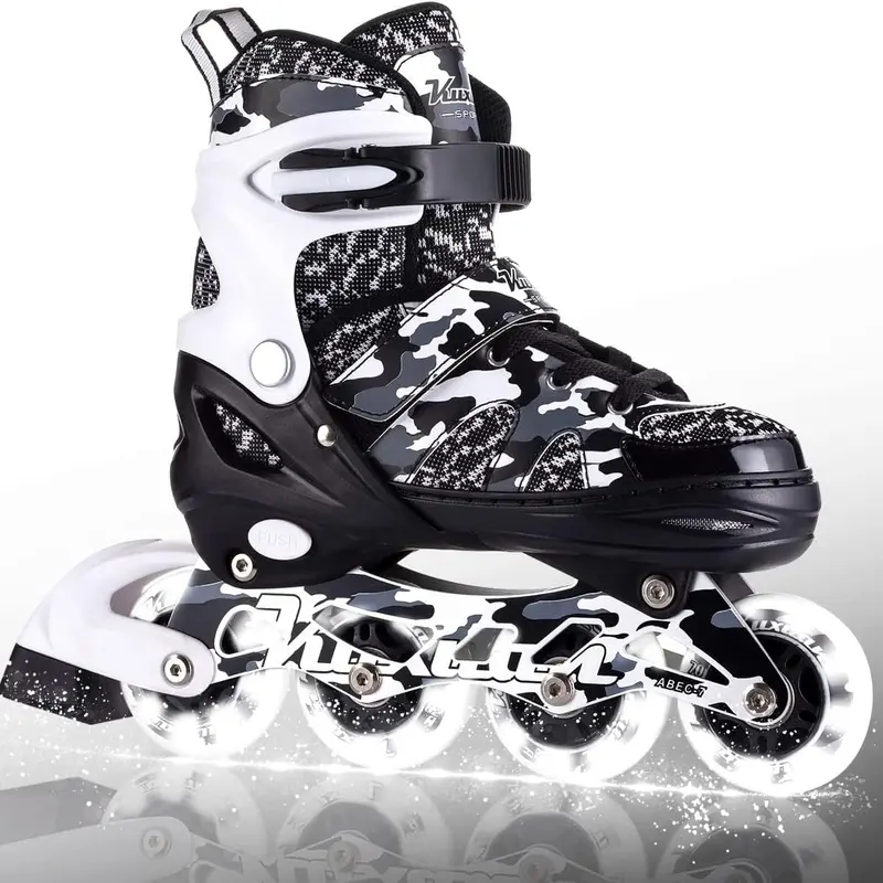 Kuxuan Boys/Girls Adjustable Inline Roller Skates - Breathable Mesh Upper, Light-Up PU Wheels, Padded Support, Triple Closure, ABEC-7 Bearings, Adjustable Sizes, Park Riding Sand Camo Sports Gear
