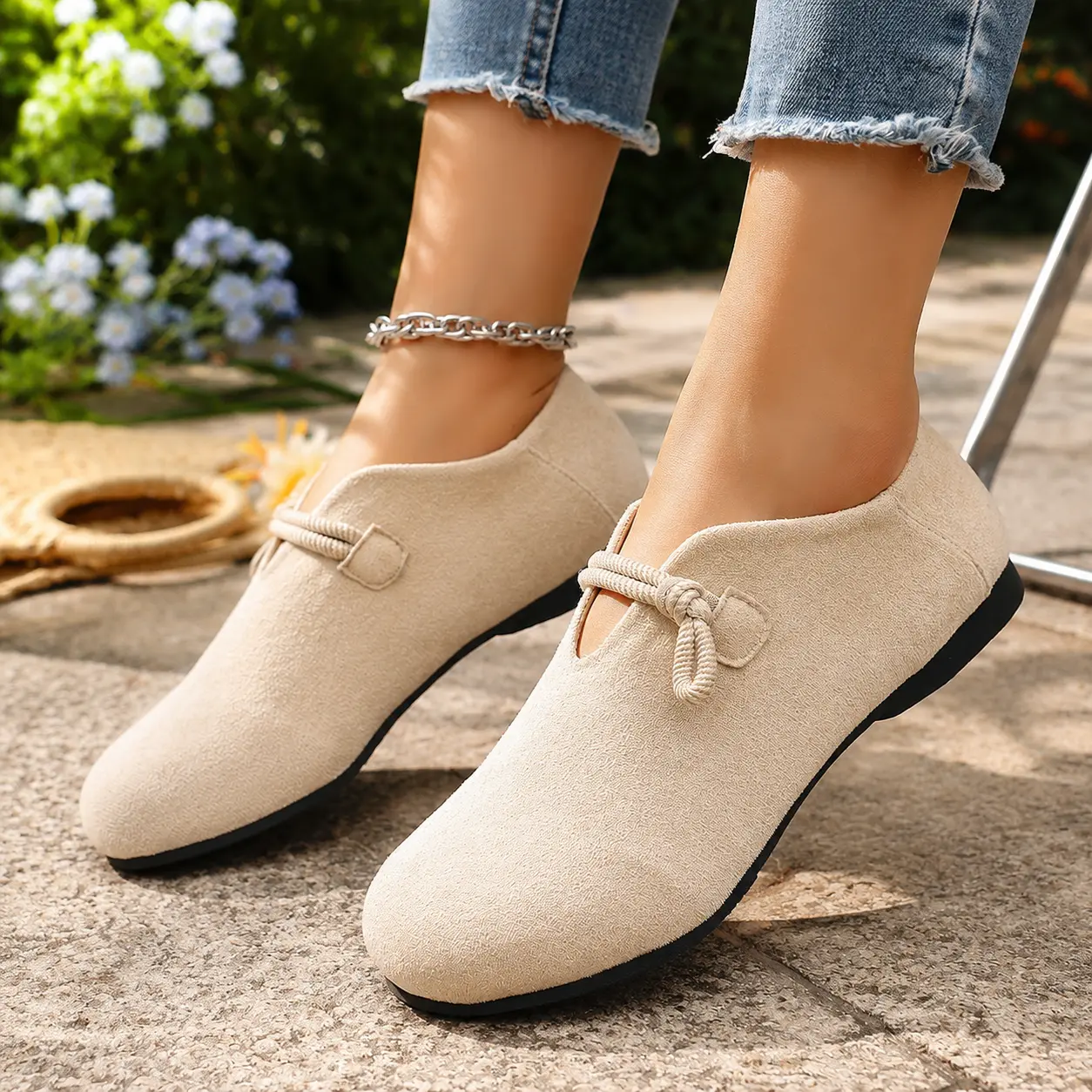 Women’s Casual Slip On Flats Shoes with Rope Knot Detail Round Toe Comfortable Daily Walking Shoes