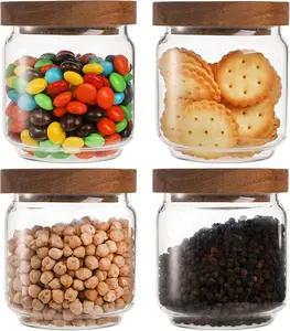 4 Packs 15 fl oz (450ml) Airtight Glass Food Storage Jar Set with Leak Proof Acacia Wood Lid & Silicone Seal, TÜV SÜD-certified Food Safe Wide Mouth Canisters for Coffee Beans, Cookies, Candy, Nuts, Snacks, BPA-Free Kitchen Pantry Organization Containers