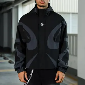 Men's Navy White Color Block Hooded Windbreaker Jacket Zip-Up Streetwear Casual Athletic Coat