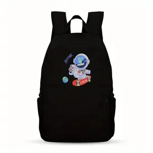 One Casual Backpack Featuring a Skateboard Astronaut, Designed for Teenagers. It Is Lightweight with a Large Capacity, Adjustable Straps, Made from Black Nylon Fabric, And Has a Easy Cartoon Design. The Upper Part Has a That Is Ideal for School