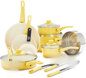 GreenLife 16-Piece Nonstick Cookware Set Soft Grip Non-Toxic PFAS-Free Ceramic Pots & Pans Dishwasher & Oven Safe Frying Sauce Saute Utensils Glass Lids Stay-Cool Handles Wobble Free Yellow