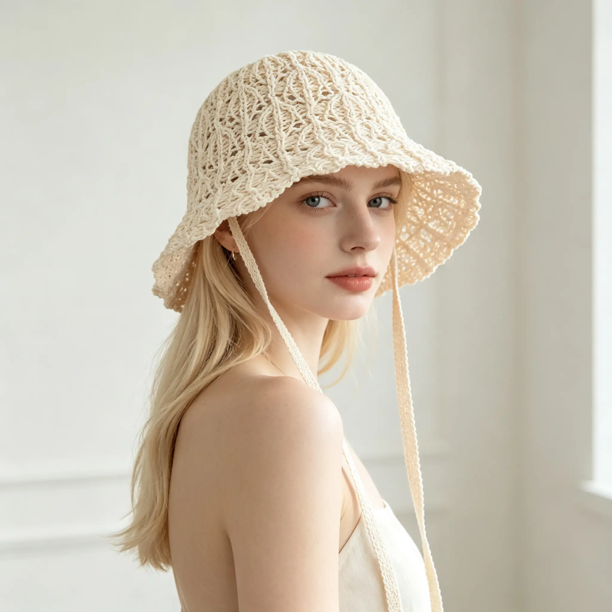 Women’s Hollow Knit Bucket Hat, Vintage Boho Tie Strap Sun Hat, Breathable Soft Woven Crochet Hat
