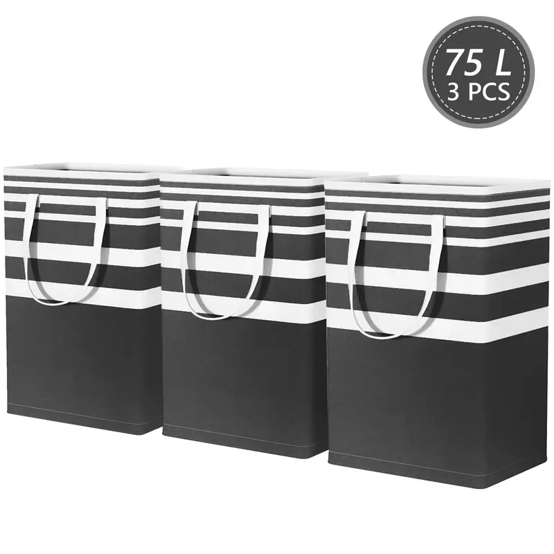3-Pack Durable Portable Laundry Baskets - 75L Waterproof Cotton Linen Clothes Storage with Wipeable PEVA Surface, Collapsible Stand-Alone Dirty Clothes Hamper, Easy-Carry Handles, Easy to Clean Laundry Room Organiser for Shopping (15.7x11.8x24.4")