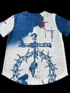 2025 Summer Men's Jesus 3D Graphic Baseball Jersey- Blue& White Contrast Religious Design with Crown of Thorns& Cross Print, Breathable Short Sleeve Button-Up Shirt for Casual, Sports& Baseball Training