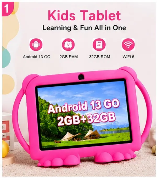 7 Inch Kids Tablet, Android 13, 2GB RAM + 32GB ROM, WiFi Tablet for Kids with Parental Control, Eye Protection IPS Display, Dual Cameras, Shockproof Case, Educational Apps, Expandable to 512GB